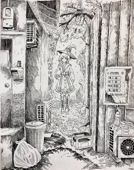 路地裏には異世界が広がってる
#アナログ
#イラスト
#ペン画 