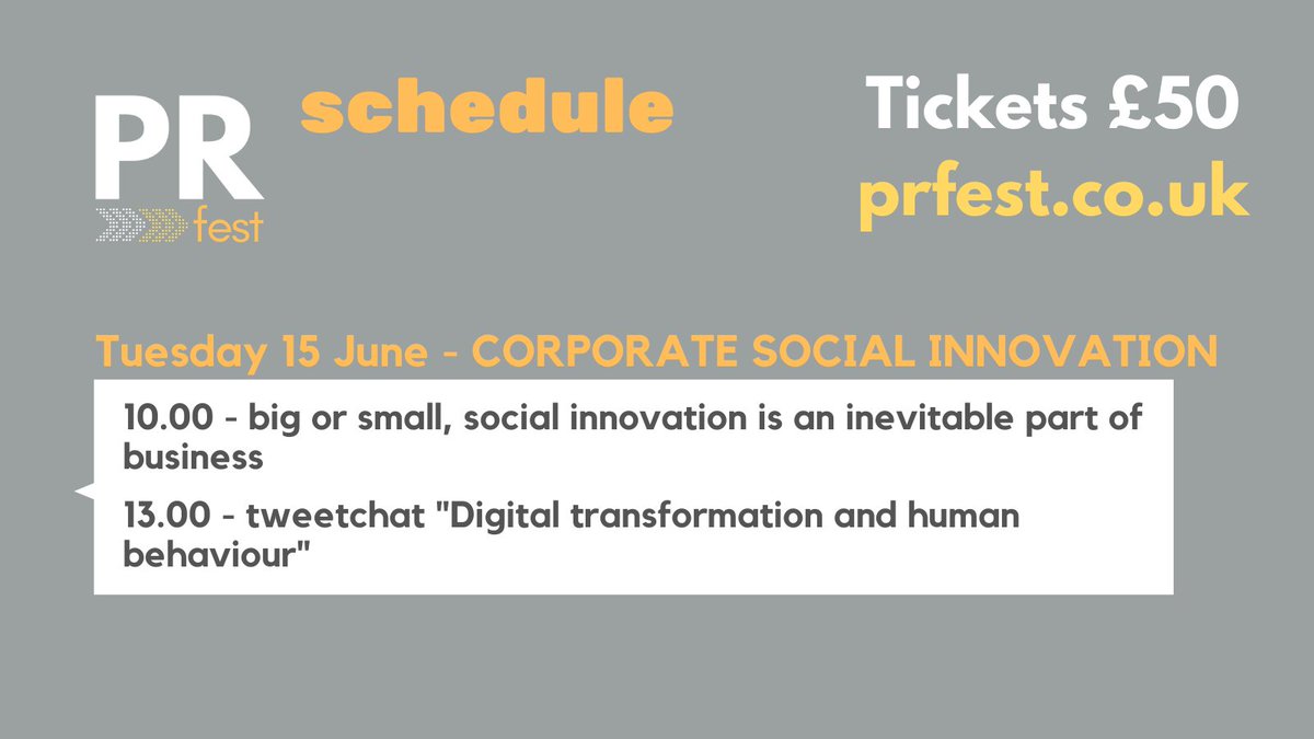 ThePRFest's tweet image. Next, Kate Buckett @WeareOneFifty will join us on Tues, 15 June for our #PRFest tweetchat to discuss #DigitalTransformation and human behaviour.
This is one of our free-to-attend events, so do join us! 

#PRchat #PRtalk #PRstrategy