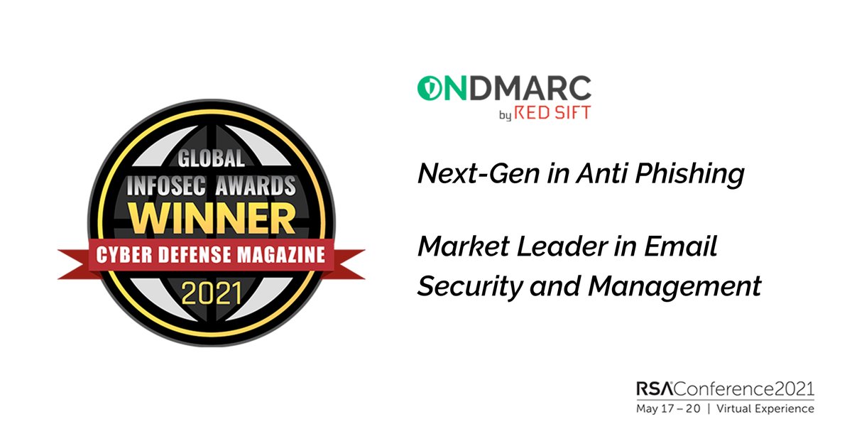 We're honored that OnDMARC has won multiple awards at this year's #GlobalInfoSecAwards from <a href="/cyberdefensemag/">CyberDefenseMagazine</a>! 🎉

We could not have earned this recognition without the incredible support from of our Red Sift customers! 💪

blog.redsift.com/news/red-sift-… 

<a href="/RSAConference/">RSAConference</a> #RSAC2021 ➡️