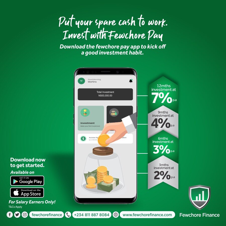 Put your money to work . Invest with Fewchore Pay today.

#fewchorepayapp #fewchorefinance #investment