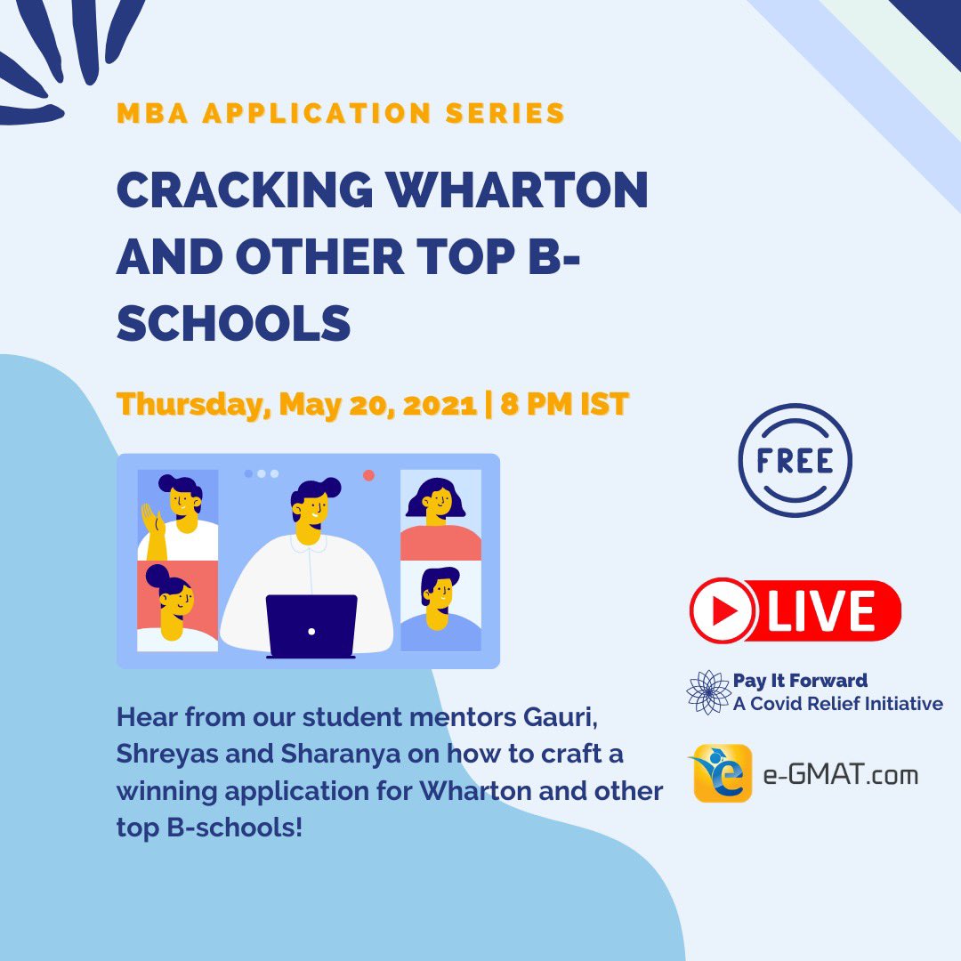 payitforward_in's tweet photo. What does Wharton look for in a candidate? Join us for this free live session, where students from the incoming MBA class share their insights ! 
#payitforward #TogetherStronger #togetherwecan #COVID19 #AcademicTwitter https://t.co/3lsqqEuiFn