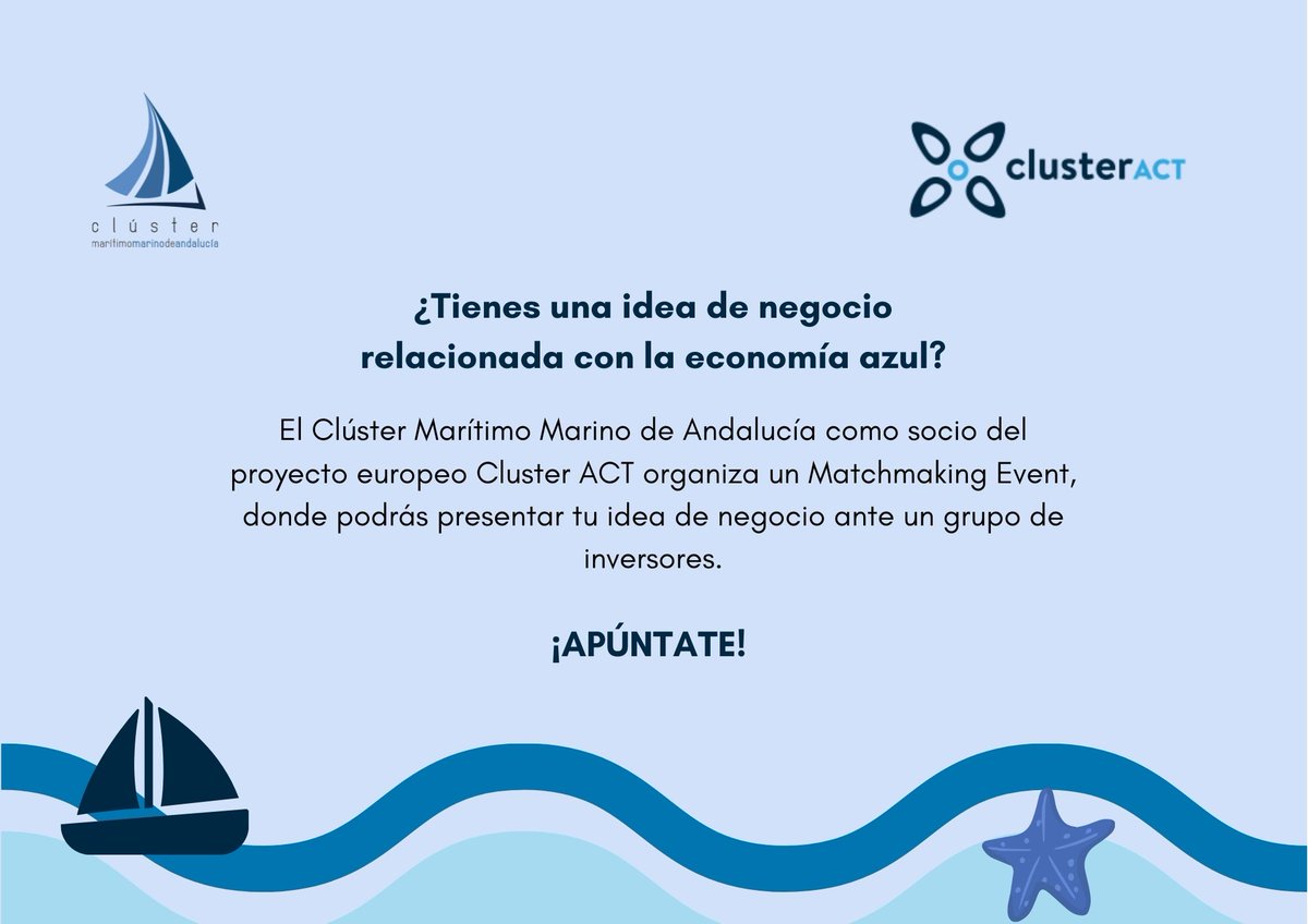 ClusterMMA's tweet image. Venga, anímate y apúntate al #clusteractmatchmakingevent. Se va acabando el plazo de inscripción. Tienes hasta el 23 de mayo a las 16:00. Aprovecha esta oportunidad para relanzar tu proyecto empresarial #BlueGrowth #BlueEconomy 

+ info: bit.ly/3vapP41