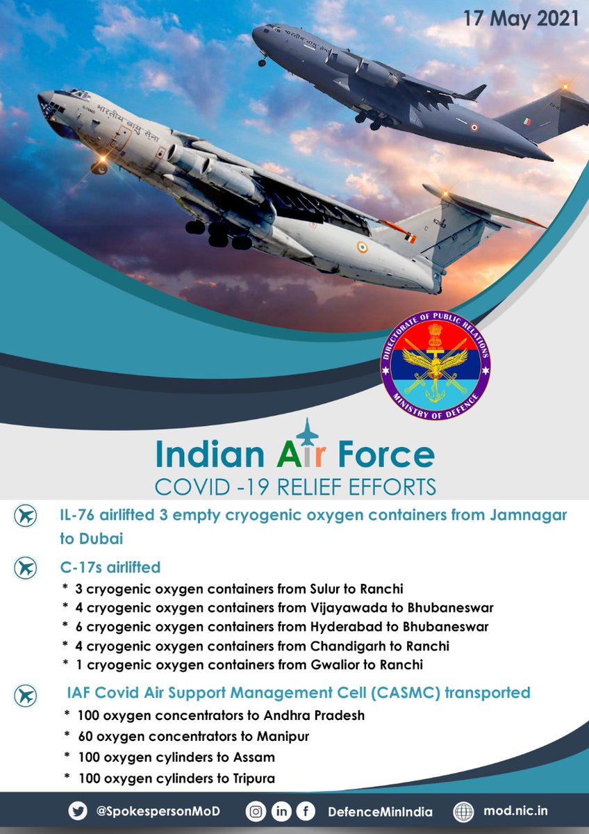 #IndianAirForce Airwarriors fly missions round the clock to fetch life-saving oxygen containers, cylinders and other medical equipment from abroad & across India. #HaarKaamDeshKeNaam