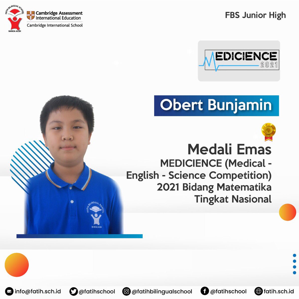 fatihschool's tweet photo. Kami mewakili seluruh civitas akademika Fatih Bilingual School mengucapkan selamat dan terima kasih kepada Obert Bunjamin &amp; Aditya Akbar yang telah berjuang di MEDICIENCE (Medical - English - Science Competition) 2021 Tingkat Nasional
 #FBS #juara #kompetisi #congratulations https://t.co/NYJYZ8fCh1