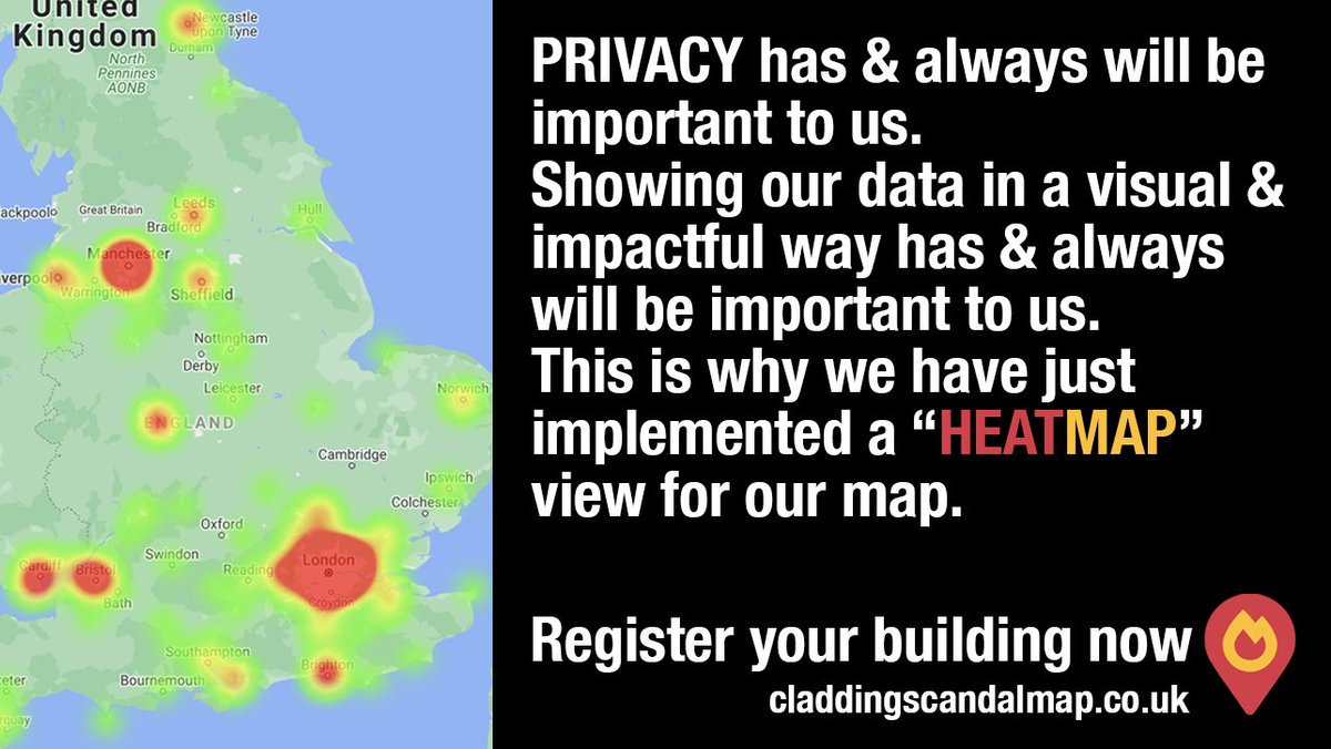 Data &amp; privacy go hand in hand at claddingscandalmap.co.uk

We always have &amp; always will listen to &amp; act on community feedback.

We have launched a "heatmap" - pls comment thoughts on here (🌡️heatmap vs 📍pins etc).

#EndOurCladdingScandal #data #privacy #maps #EnoughISEnough