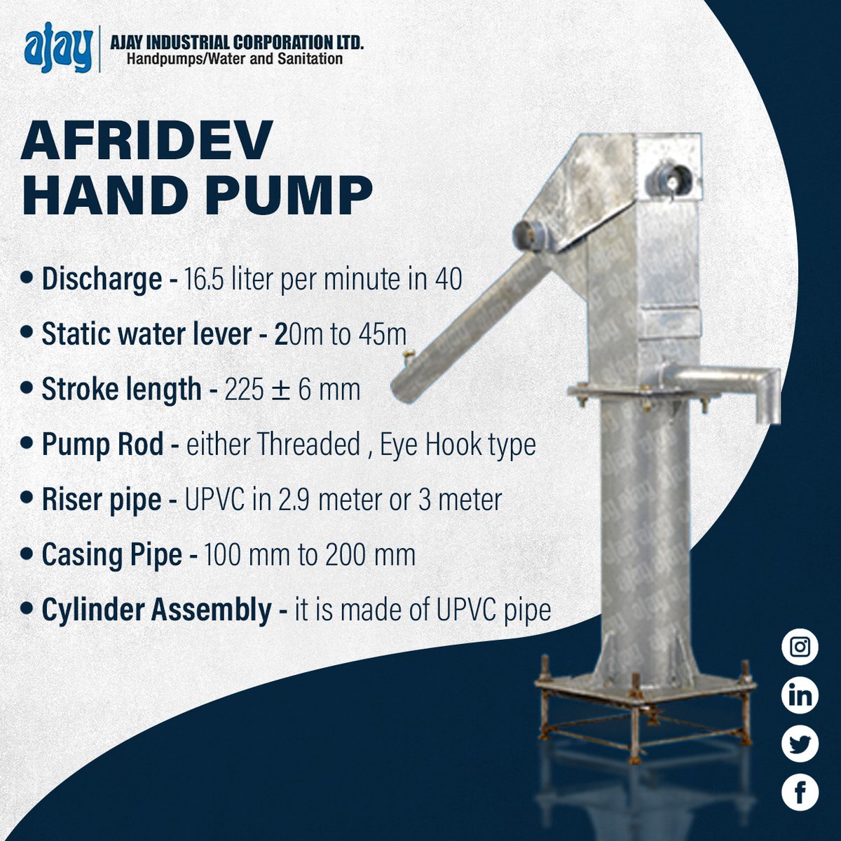 IndustrialAjay's tweet photo. Afridev Hand Pump is a conventional lever action handpump. It is designed for heavy-duty use, serving communities of up to 300 persons, known for its long life, lightweight, and non-corrosive. 

#AfridevHandpump #handpump #water #sanitation #ruraldevelopment #manufacturer https://t.co/DsDBhKoHhy