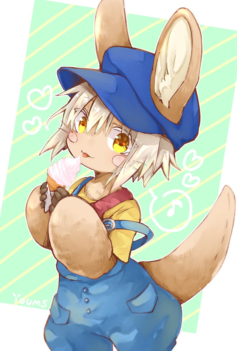 nanachi (made in abyss) tail food ice cream cone overalls animal ears furry hat  illustration images