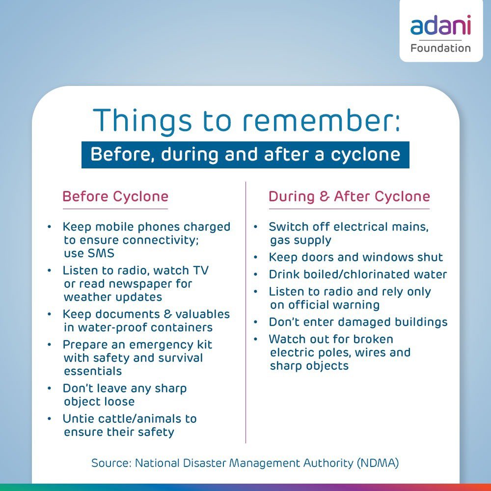 AdaniFoundation's tweet image. Here&apos;s a quick guide on preparing for and #StayingSafe during the cyclone. Follow these steps to keep yourselves and those around you safe and secure.

Source: @ndmaindia 

#CycloneTaukte #StayHome