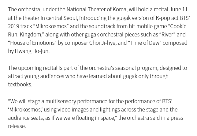 shadow_twts's tweet photo. The National Orchestra of Korea (under the National Theater of Korea) will use traditional instruments to perform a gugak version of BTS’ 2019 track “Mikrokosmos” along with other orchestral pieces.

#BBMAsTopSocial + @BTS_twt 

Source: https://t.co/2QYGgBOxOc https://t.co/yk9ZnkQixj