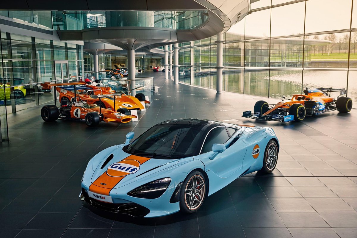 Pictured here, The McLaren 720S is surrounded by our iconic history. Gulf Oil's instantly recognisable orange and blue livery is now synonymous around the world with innovation, technical excellence and motorsport, three things that are part of our DNA at McLaren. #GulfXMcLaren