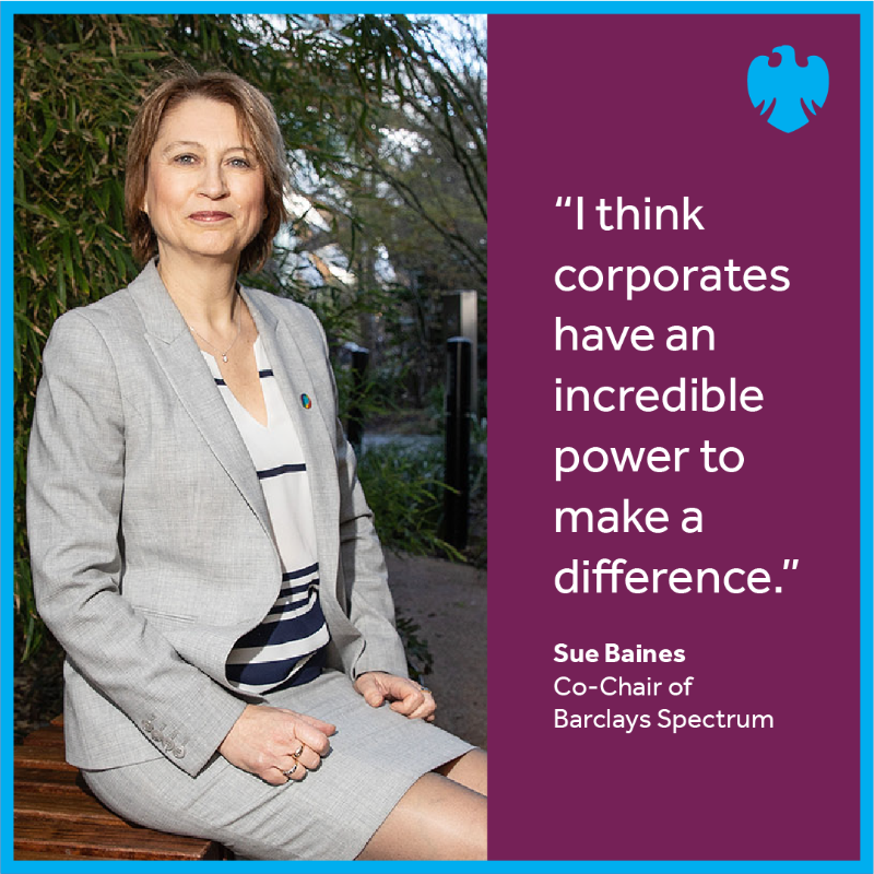 Barclays's tweet photo. Sue Baines, an OUTstanding LGBT+ Future Leaders Role Model and Co-Chair of Spectrum, shares how Barclays is building an inclusive environment that supports colleagues, customers and communities.