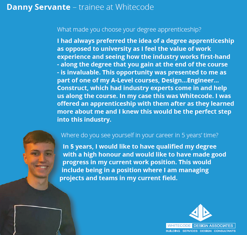 WhitecodeC's tweet image. Meet Danny - he's currently studying for a degree apprenticeship Level 6 BEng in Building Services at @LSBU and is proving to be a very valued member of the team here at Whitecode! 

#LearningAtWorkWeek #ApprenticeScheme #ConstructionCareers