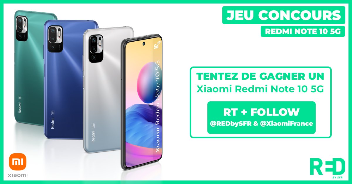 [#Concours] 1 Xiaomi Redmi Note 10 5G à gagner 📱 !

Pour tenter de repartir avec : RT + Follow <a href="/REDbySFR/">RED by SFR</a> &amp; <a href="/XiaomiFrance/">Xiaomi France</a>

Fin du jeu et tirage au sort le 25/05 à 16h 🍀
#RedmiNote10