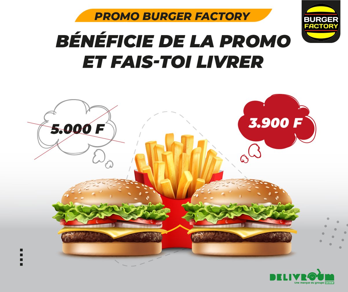 Viens goûter aux bons burgers de Burger Factory sur Delivroum. 

Offre-toi deux cheeseburgers 🍔 + un paquet de frites 🍟 à seulement 3900 F au lieu de 5000 F 😲

Allez, commande et fais-toi livrer aujourd’hui ! 

#Delivroum