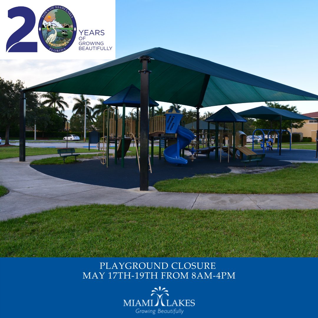 MiamiLakesNews's tweet photo. The playground located at Royal Oaks park(16500 NW 87th Ave)will be closed on May 17th, 18th, 19th from 8am to 4pm for repairs and upgrades.π³πβ³For more information contact our Parks & Recreation Department at 305-364-6100π#TOMLParksAndRec #iHeartMiamiLakes https://t.co/FD24aflHQr