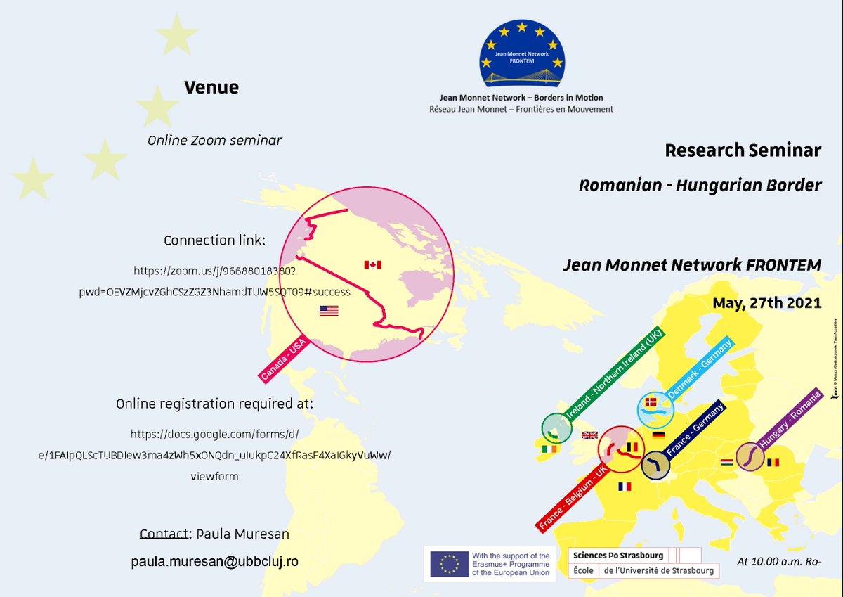 The Faculty of European Studies has the pleasure of announcing the organization of the first research seminar in the series of five seminars within the Jean Monnet Network « Frontiers in motion », which will be held on the 27th of May 2021. For more info.: euro.ubbcluj.ro/27-may-researc…
