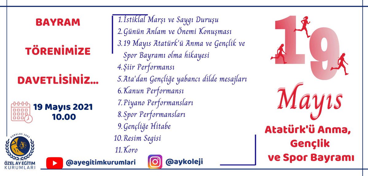 Ulu Önder Gazi Mustafa Kemal ATATÜRK' ün cumhuriyetin yarınlarını emanet ettiği Türk gençliğine armağanı #19Mayıs Atatürk’ ü Anma Gençlik ve Spor Bayramı'nda sizleri hem Ata'mızı bir kez daha anmaya hem de Gençlik ve Spor Bayramı'nı hep birlikte kutlamaya davet ediyoruz.