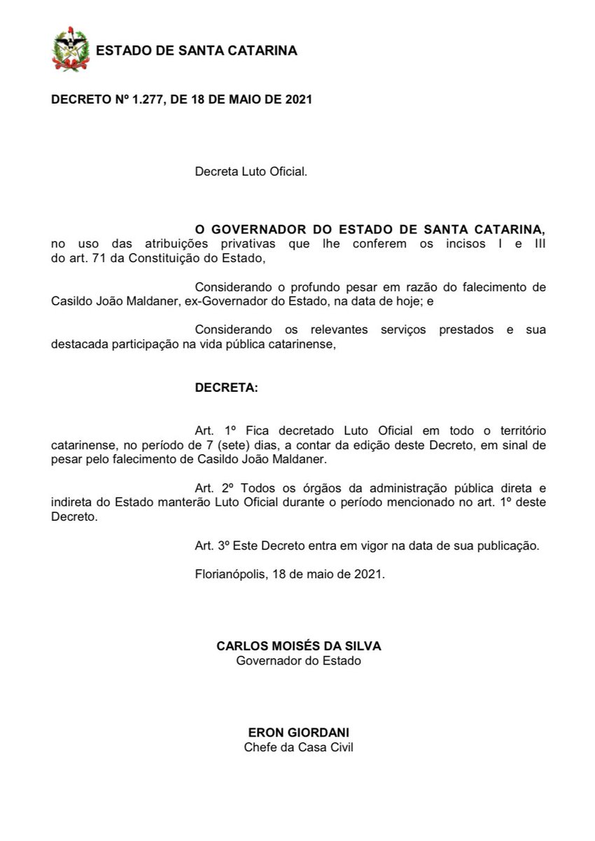 raphaelfaraco's tweet image. Luto oficial de 7 dias em SC pela morte do ex-governador e ex-senador Casildo Maldaner.