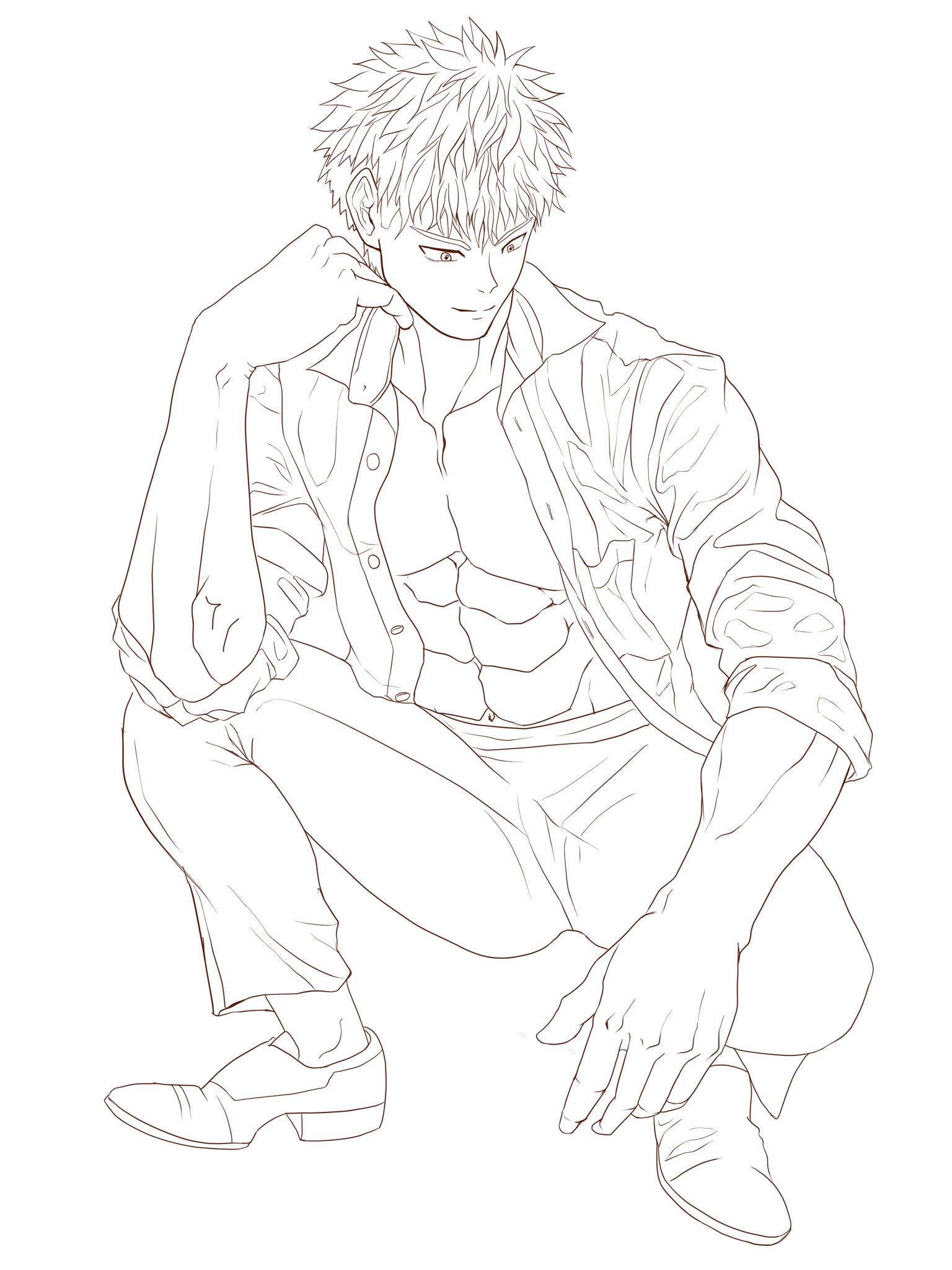 ショウ ６月イラスト線画まで 誰 って感じだけれど 雨降りで髪の濡れた武虎です 体育館裏で猫を撫でている前の手 でも 猫が描けないよ 頑張る