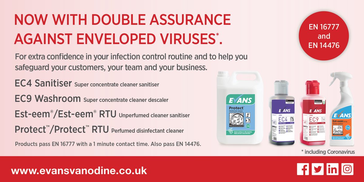 evansvanodine's tweet image. Now with double the assurance against enveloped viruses, including Covid-19.

Read more here: bit.ly/Double_Assuran…

#EN16777 #EN14476 #ENTestMethods #Covid19 #Disinfection #Cleaning #CHSA #EvansVanodine #CleaningServices #CommercialCleaning #Hospitality #Hospitals