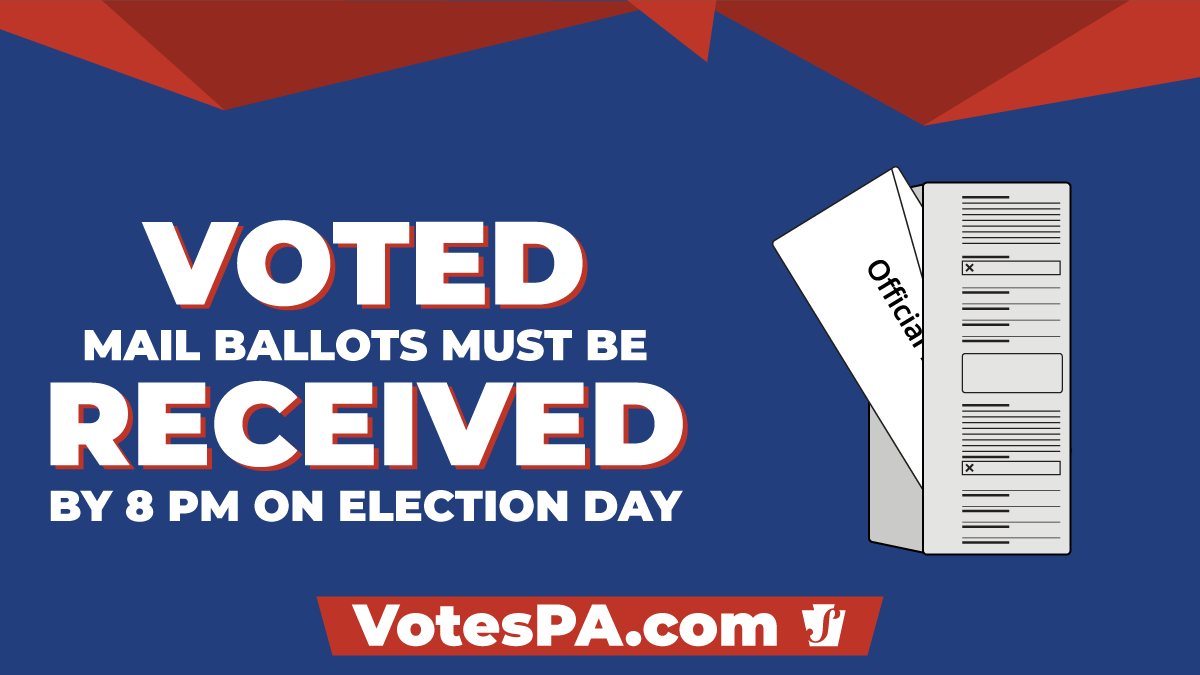 PAStateDept's tweet photo. Mail ballots must be RECEIVED by 8pm TODAY. Your ballot must be in the inner secrecy envelope that indicates “official election ballot” &amp; the pre-addressed outer return envelope where you must sign &amp; date.
Find where to return your mail ballot: https://t.co/OqPo6R9leB https://t.co/J8KUQcMmhT