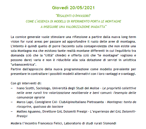 LabPisa's tweet photo. Il nostro 2° #webinar giovedì 20 h 17.00 - Risalenti o invasori? Come l'assenza di modelli di riferimento porta le montagne a inseguire una valorizzazione inadatta. Speakers: Ivano Scotti (UniMol), Marco Lapi (CAI) e Matteo Agiranno (GAL Dolomiti Prealpi) #montagna https://t.co/JOJpd7mXgB