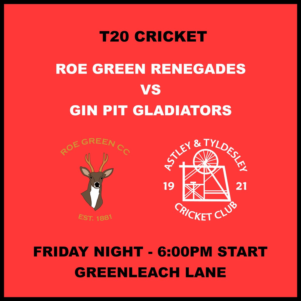 T20 cricket is back at Roe Green! 🚀

This Friday sees the Roe Green Renegades host the Gin Pit Gladiators from 6pm. The bar will be open and we can't think of a better way for you to start your weekend 🍺