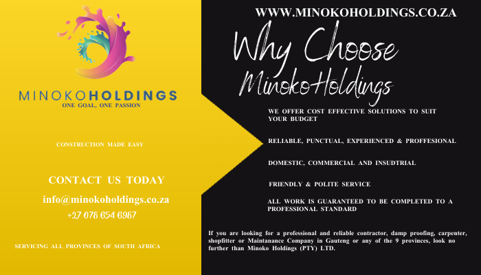 request a quote or site visit. We offer the following services: Painting, Tiling, Flooring, Cladding, Ceilings, Plumbing &amp; Electrical, Carpentry, Roof Repair, Waterproofing &amp; Damp proofing. Send email to info@minokoholdings.co.za or visit minokoholdings.co.za for more info