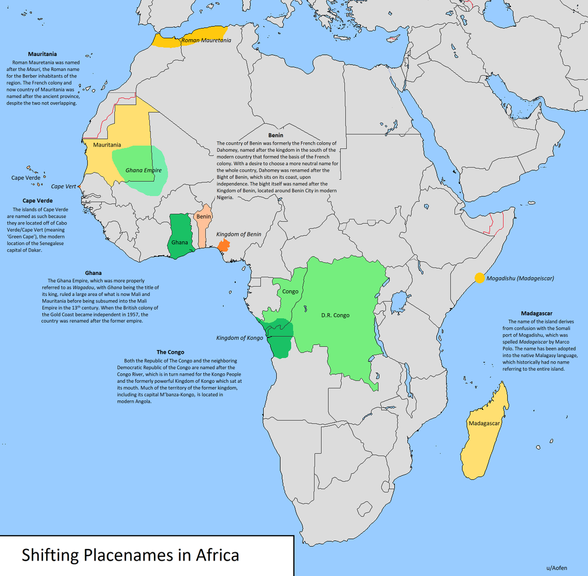 simongerman600's tweet image. A bit of fun African geography trivia in this map: Shifting African place names. Countries sometimes take their names from a rather distant geography. Source:  buff.ly/33OLr9V