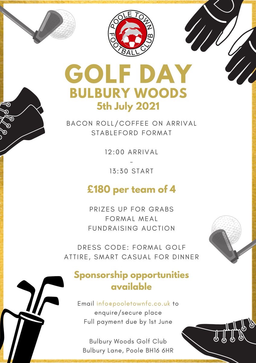 Poole Town FC 🐬 (@pooletownfc) on Twitter photo ⛳ PTFC Golf Day - Updated Timings!
The timings for our golf day are now as follows:
☕ Arrival from 12:00 - coffee & bacon rolls available
🏌️Tee-off from 13:30
Email info@pooletownfc.co.uk to secure your team's place or to get more info about about sponsorship opportunities. ⛳ PTFC Golf Day - Updated Timings!
The timings for our golf day are now as follows:
☕ Arrival from 12:00 - coffee & bacon rolls available
🏌️Tee-off from 13:30
Email info@pooletownfc.co.uk to secure your team's place or to get more info about about sponsorship opportunities.