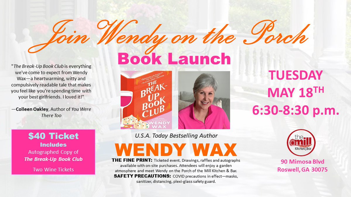 This evening I'll be outside at The Mill Restaurant & Bar celebrating my book launch of my newest book, #THEBREAKUPBOOKCLUB, hosted by @RealBookmiser! Come get your very own signed copy today and hang out for wine and delicious treats: 1l.ink/ZZN5QNH