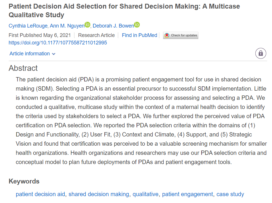 One of MCRR's newest articles, 'Patient Decision Aid Selection for Shared Decision Making: A Multicase Qualitative Study', sheds light on the use of patient decision aids as patient engagement tools! Check it out now at journals.sagepub.com/doi/full/10.11…!