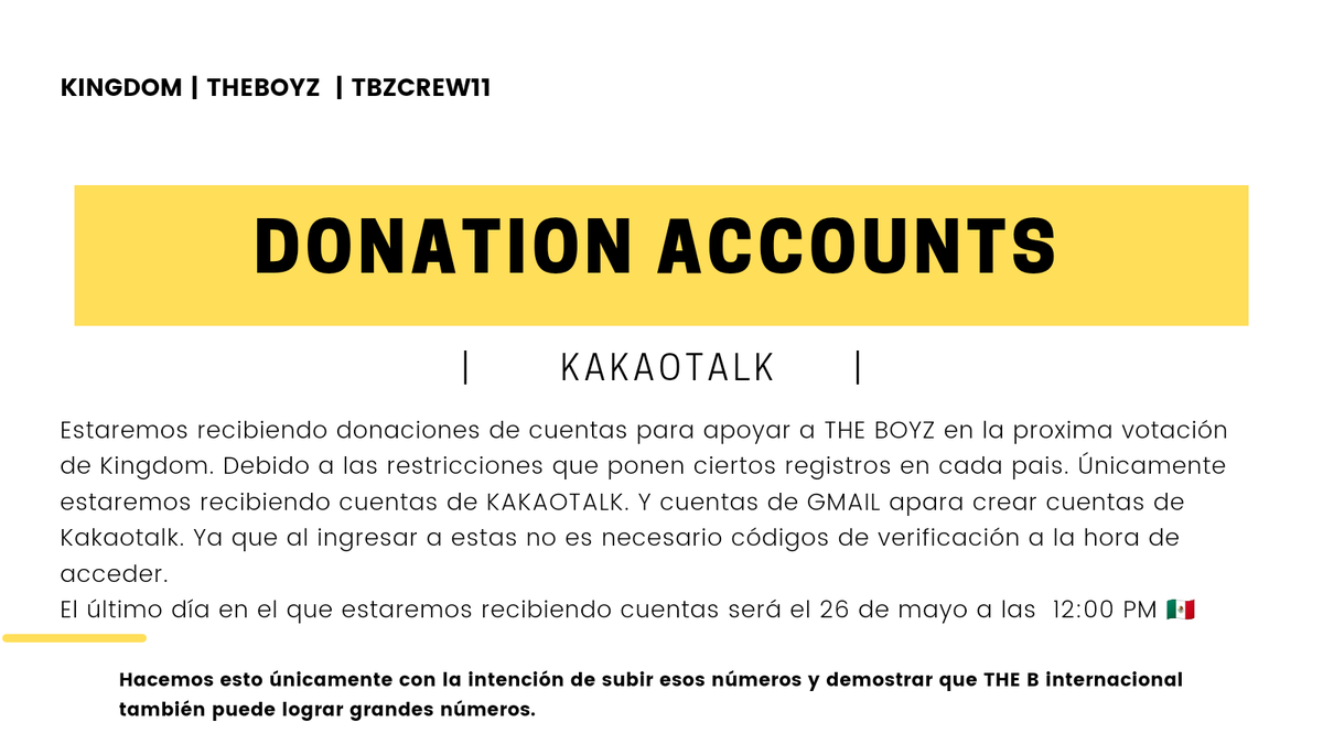 #KINGDOM_TBZ||• #THEBOYZ|-180521] Nuevamente estaremos recibiendo donaciones de cuentas para Kingdom. 🗳️ Si deseas donar alguna de tus cuentas por favor checa la información en la siguiente imagen⬇️ @WE_THE_BOYZ