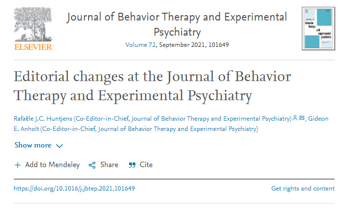 The new Editors of Behavior Therapy and Experimental Psychiatry discuss their vision for the journal in this editorial outlining - check it our here: sciencedirect.com/science/articl… #BTEP #behaviortherapy #experimentalpsychiatry