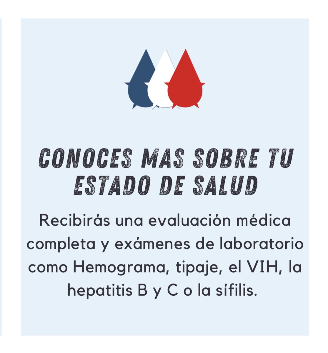 SangrePanama's tweet photo. #VidaTips 

Sabias que al donar sangre te realizan una evaluación médica y a cada unidad de sangre le hacen un análisis para:

🩸Tipaje
🩸Hemoglobina
🩸Hematocrito 
🩸VIH
🩸Hepatitis B y C
🩸Sífilis
🩸Chagas
🩸 virus HTLV, entre otros 

🩸Conoce más en https://t.co/KvbgDzzmAx https://t.co/edvTaJYk1a