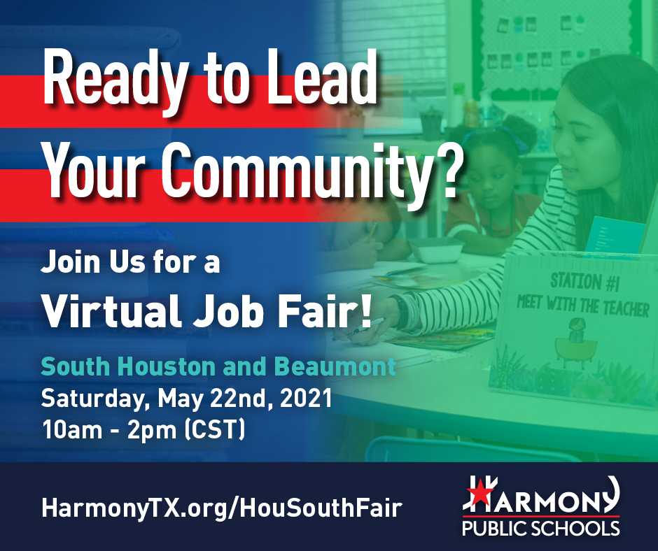 📅Mark your calendars📅

Harmony Public Schools South/West District is hosting a Virtual Teacher Job Fair on Saturday, May 22, 2021 at 10:00 A.M. - 2:00 P.M.

ow.ly/RX4c50EGkLO