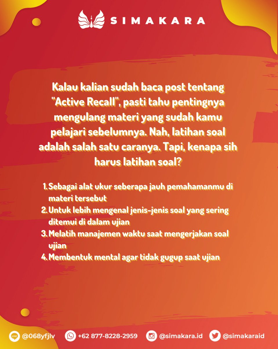 simakaraid's tweet image. KENAPA SIH, HARUS BANGET LATIHAN SOAL?

Halo, pejuang SIMAK UI!.

Kalo belajar cuma baca-baca teori aja, nyangkut ngga ya di otak? Kalo cuma hafal materi bisa ngga ya ngerjain soal nanti? Jawaban dari judul ini ada di slide-slide berikut yaa.

#UniversitasIndonesia
#SIMAKUI2021