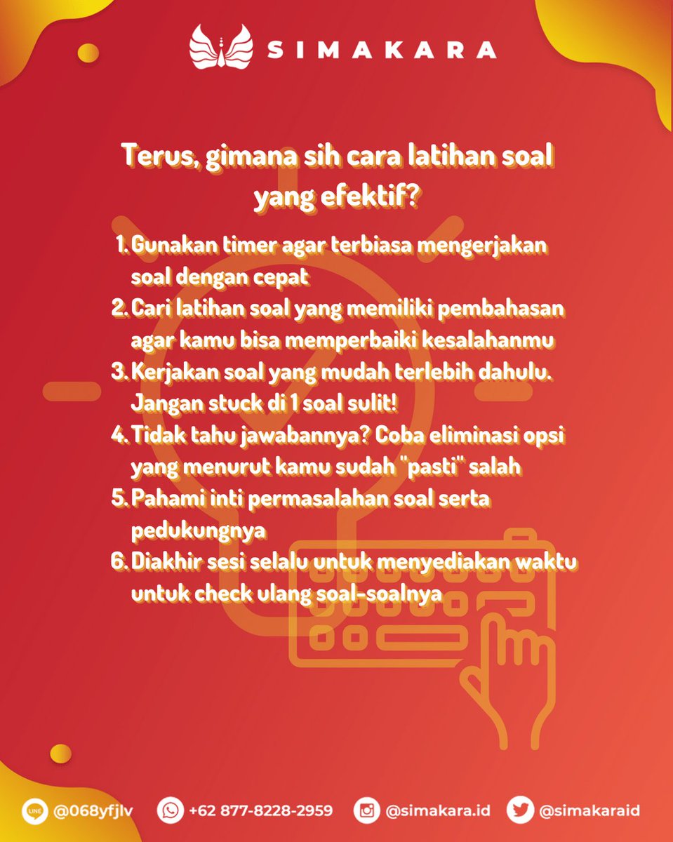 simakaraid's tweet image. KENAPA SIH, HARUS BANGET LATIHAN SOAL?

Halo, pejuang SIMAK UI!.

Kalo belajar cuma baca-baca teori aja, nyangkut ngga ya di otak? Kalo cuma hafal materi bisa ngga ya ngerjain soal nanti? Jawaban dari judul ini ada di slide-slide berikut yaa.

#UniversitasIndonesia
#SIMAKUI2021