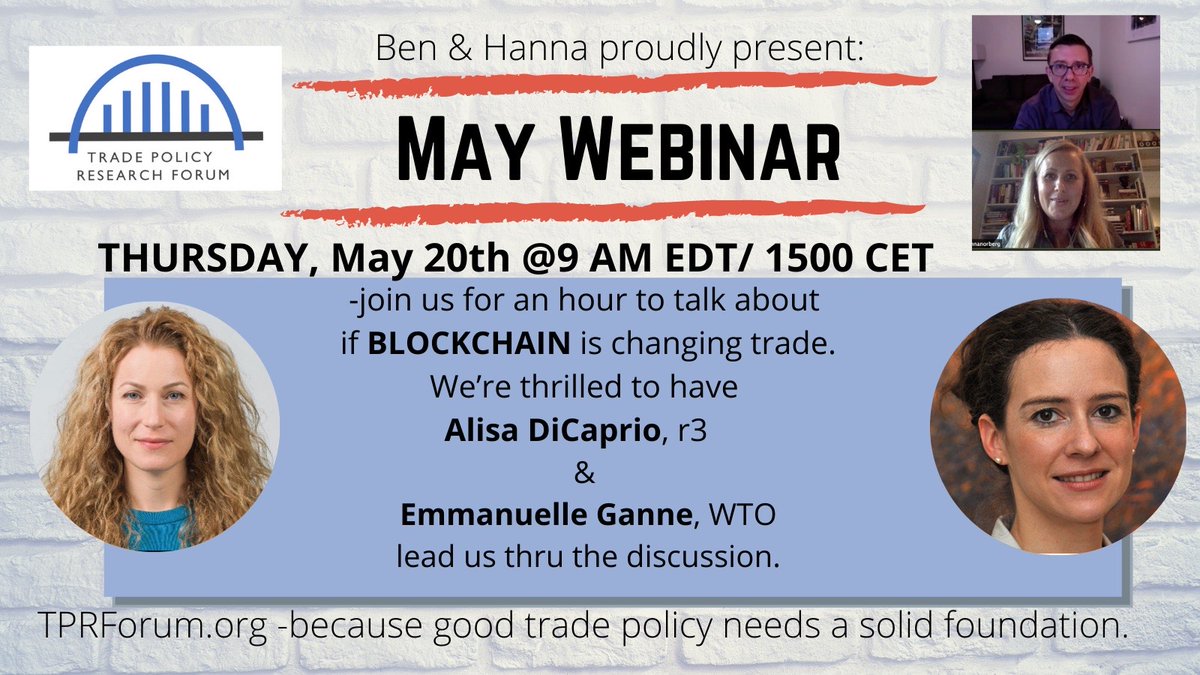 Interested in learning how will #blockchain change international trade? Come join <a href="/AlisaDiCap/">Alisa DiCaprio</a> on May 20 at 9am ET / 2pm BST at the next <a href="/TPRForum/">TPRForum</a> webinar.  Alisa will be joined by <a href="/EmmanuelleGanne/">Emmanuelle Ganne</a> Senior Analyst, Economic Research Department at WTO. bit.ly/3eTR0u8