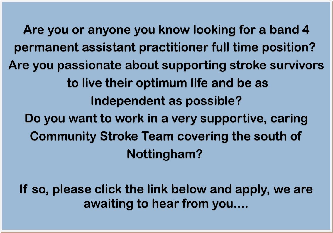 lee_claire1's tweet image. ‼️Job Alert ‼️ Come and join a team that consistently receive great patient feedback and support each other to be the best they can be. @southnottstroke @NottsHealthcare @AHPsNottsHC jobs.nottinghamshirehealthcare.nhs.uk/job/v3161512