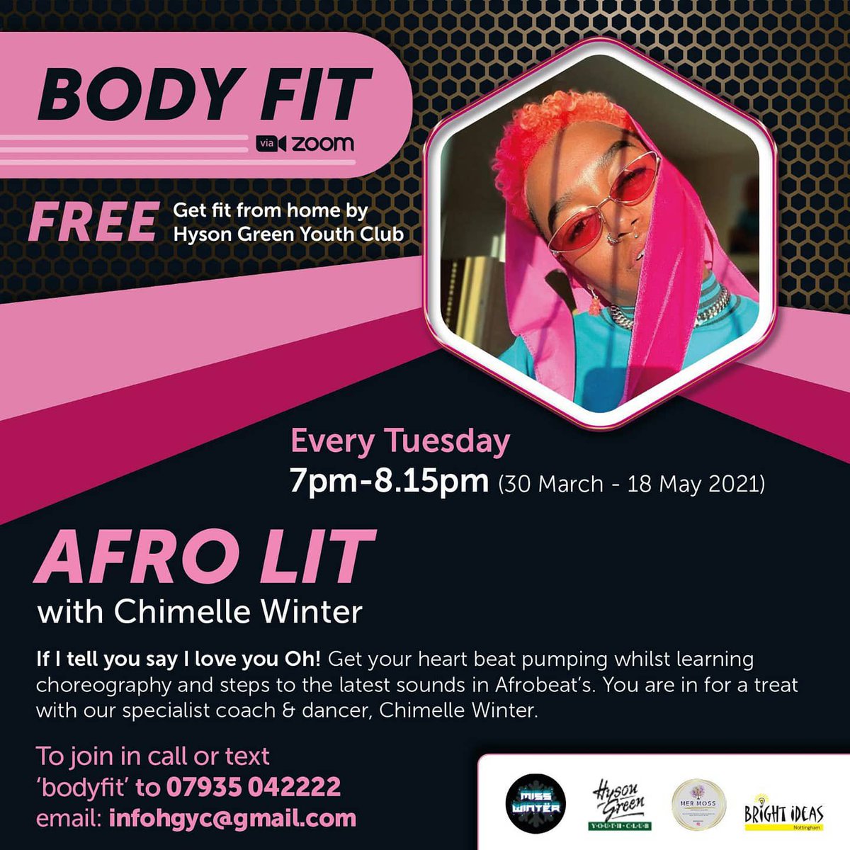 brightideasnott's tweet photo. Join us for the last session of Afro Lit with Chimelle Winter tonight at 7pm!

During our Afro Lit class we learn choreography to Afro Beats to get our hearts pumping! FREE over Zoom  💛

To get dancing to Afro Beats text ‘Body Fit’ to 07935042222 @HysonGreenYouth https://t.co/xq6caiyQHW
