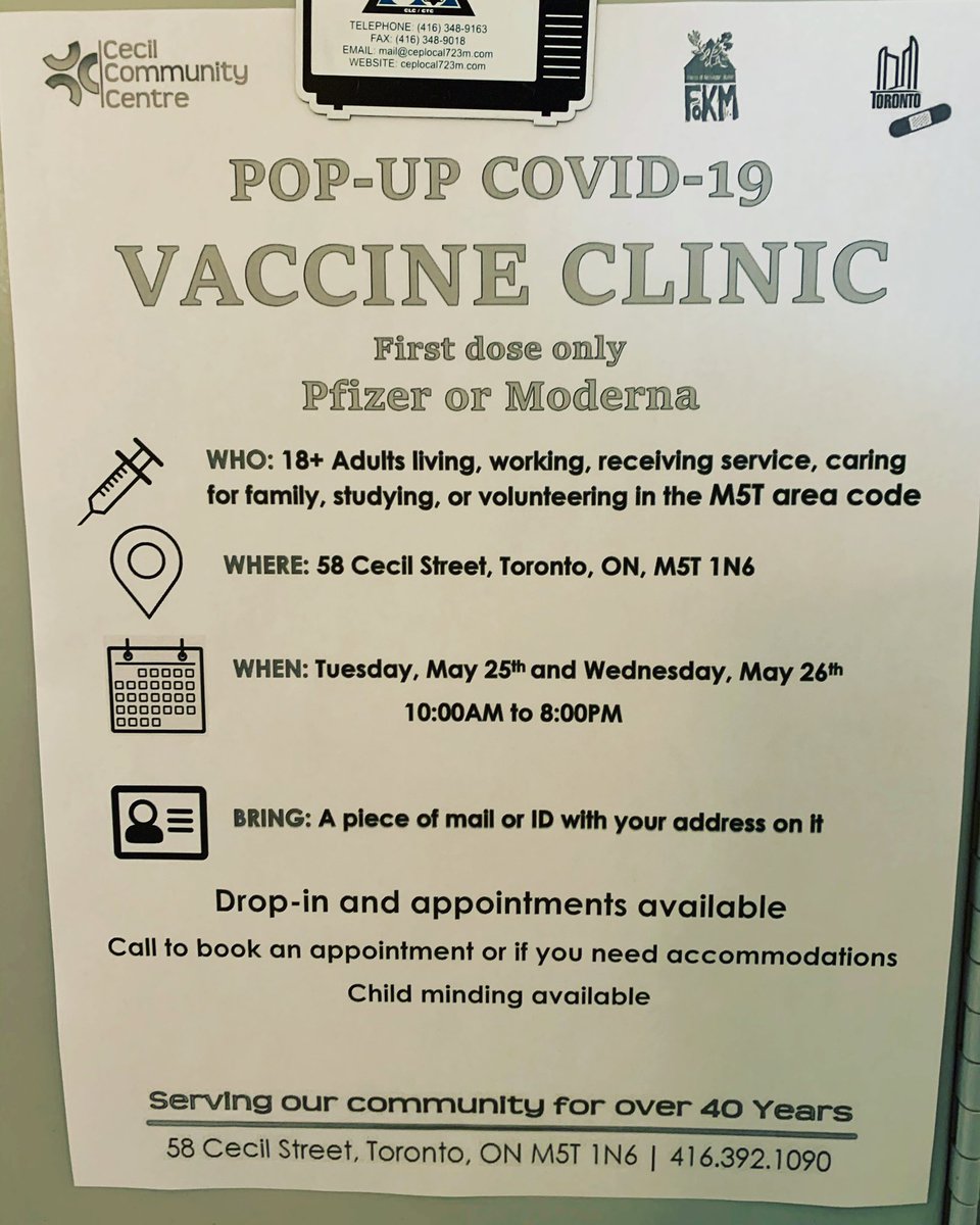 Pop up vaccine clinic in Toronto May 25 & 26 at 58 Cecil st. 
.
.
.
#harmreduction #yyz #vaccine #ops #kensingtonmarket