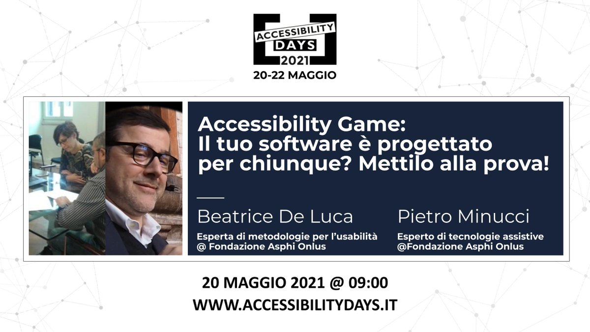 👉ASPHI partecipa a <a href="/a11y_days/">Accessibility Days</a> Accessibility Days
👉Accessibility Game – IT senza barriere con un intervento curato da Pietro Minucci e Beatrice De Luca su 📌L’importanza delle prove di usabilità attraverso la testimonianza di una persona con disabilità uditive <a href="/GAccessibility/">Global Accessibility</a>