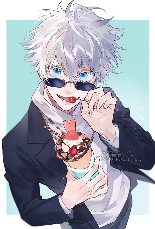 gojou satoru 1boy male focus food blue eyes solo black jacket holding  illustration images