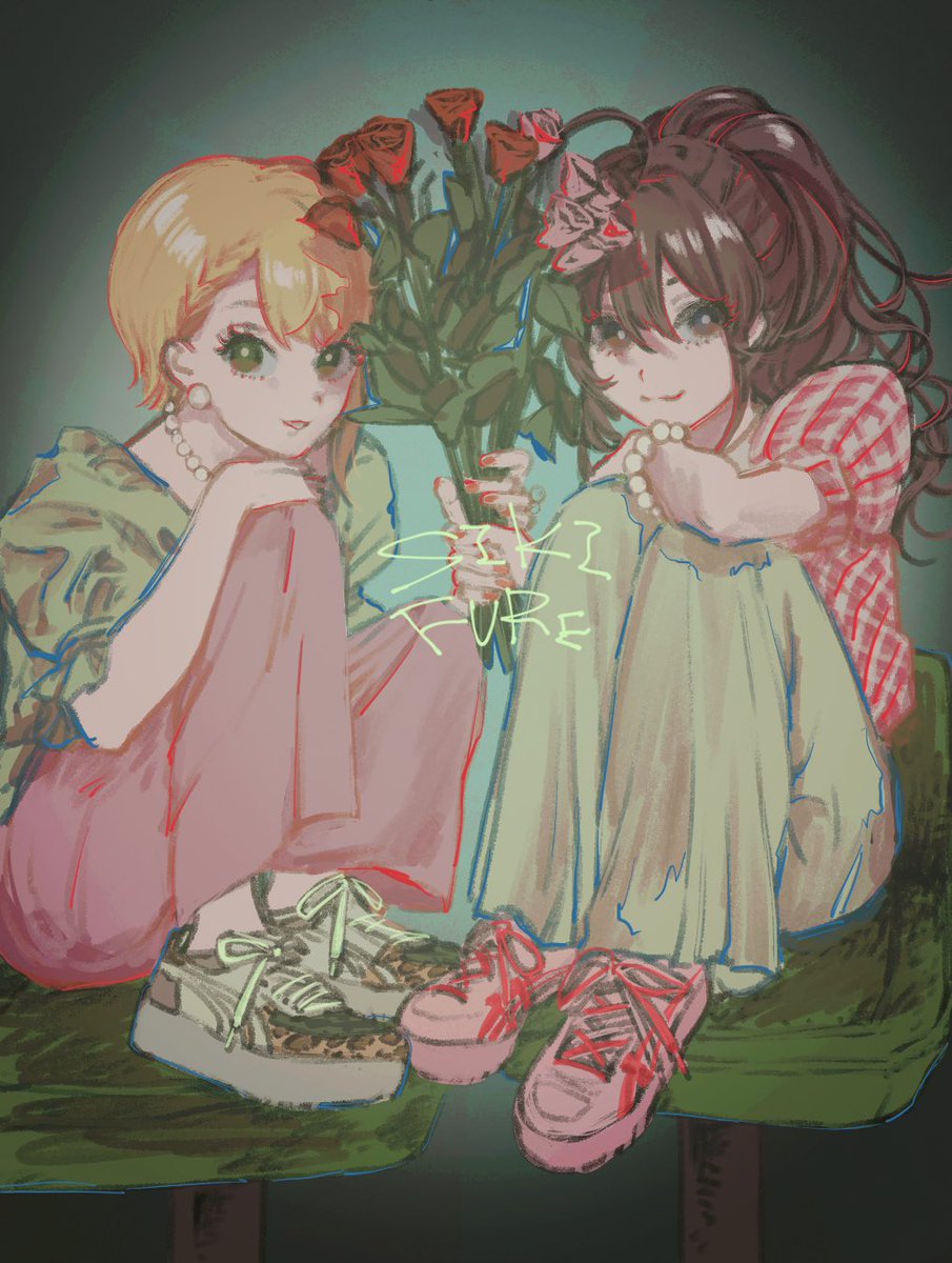 ichinose shiki ,miyamoto frederica multiple girls 2girls blonde hair flower sitting sneakers long hair  illustration images