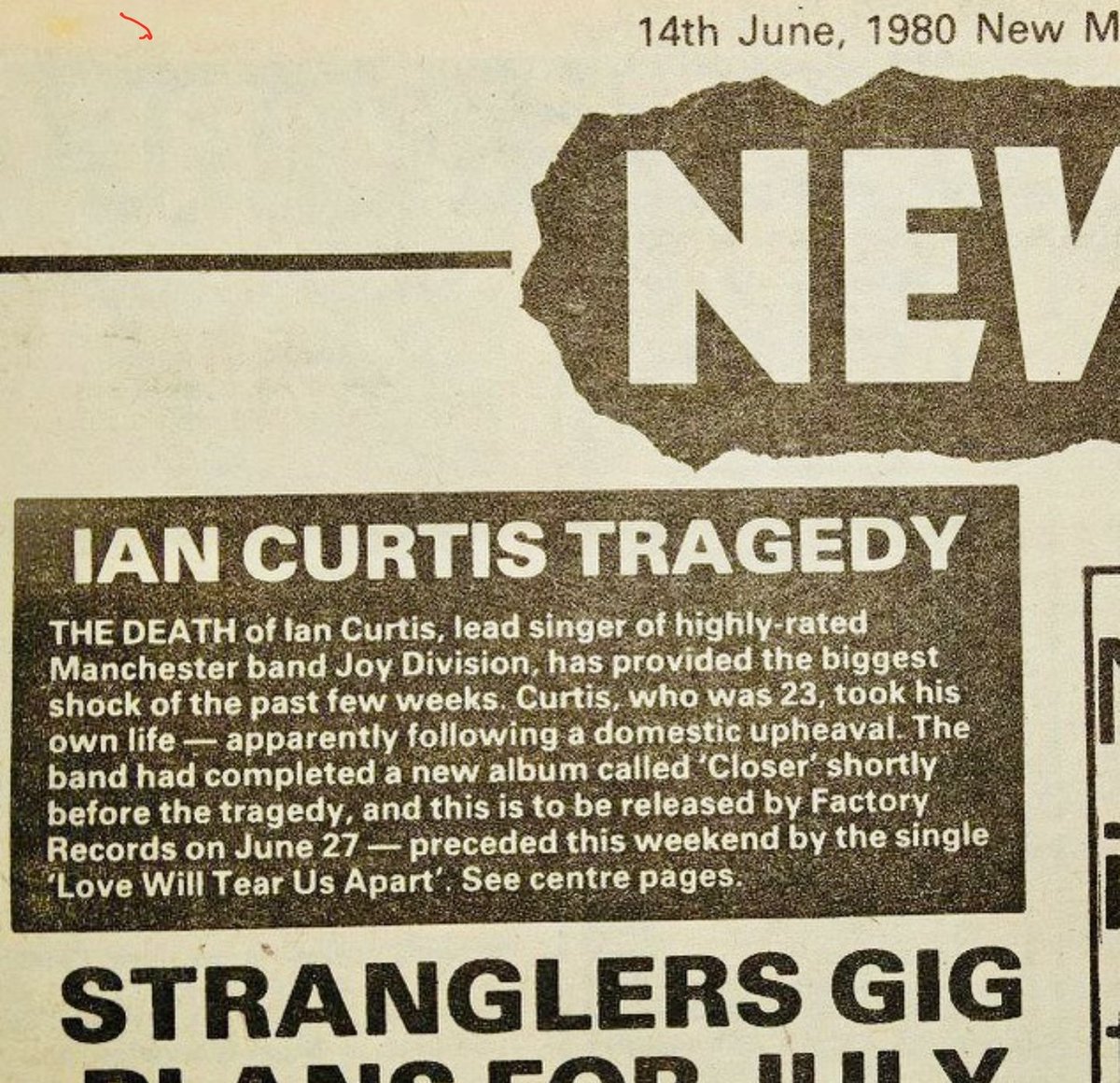 Ian Curtis' death reported in the NME on 14.06.80.