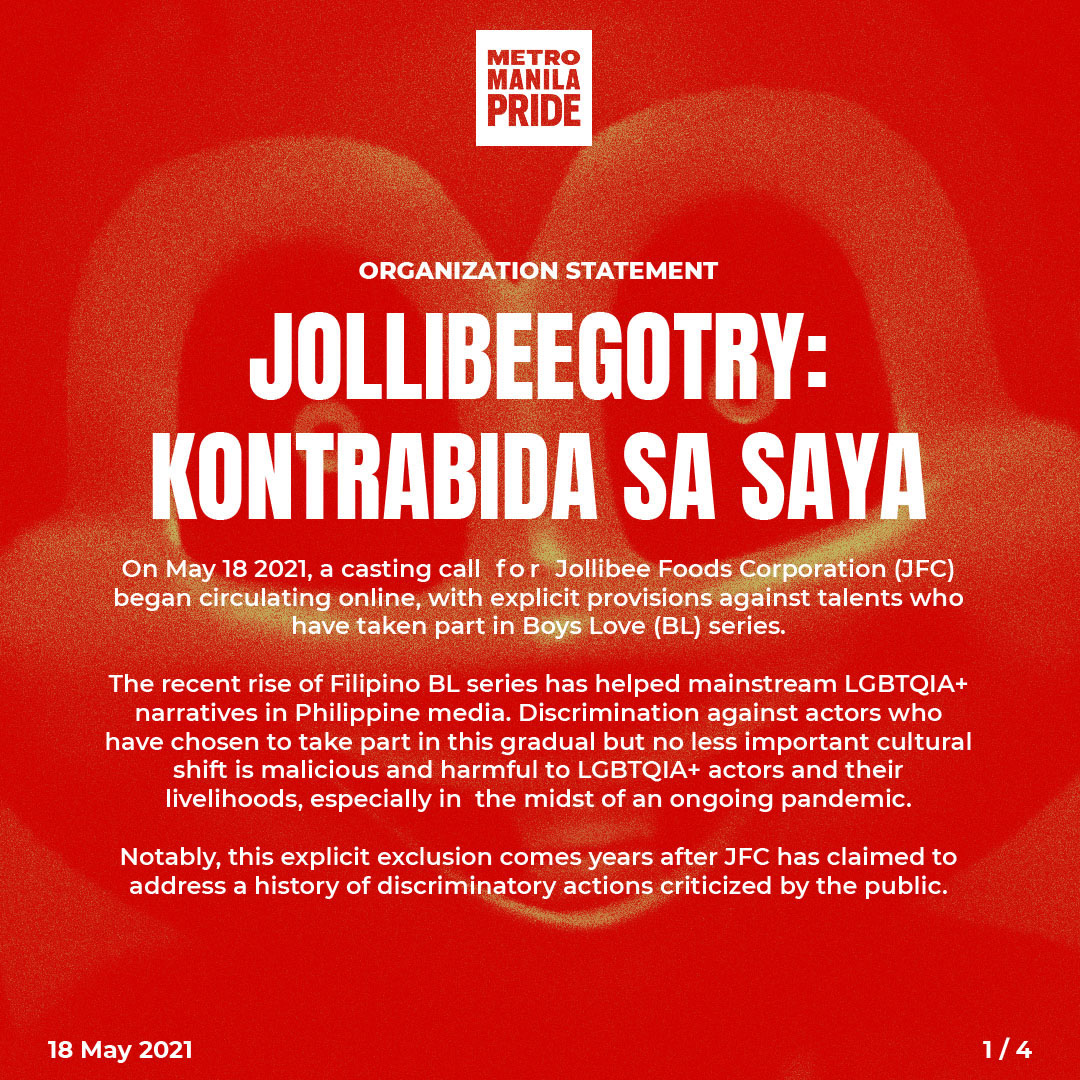 mmprideorg's tweet photo. "[Jollibee] must actually work on the its commitments instead of using progressive language to conceal a persisting culture of discrimination."

Metro Manila Pride's statement on Jollibee's continued SOGIE-based discrimination practices.

1/12
#SOGIEEqualityNow
#AchibDisBill https://t.co/IZmgZeK9m1