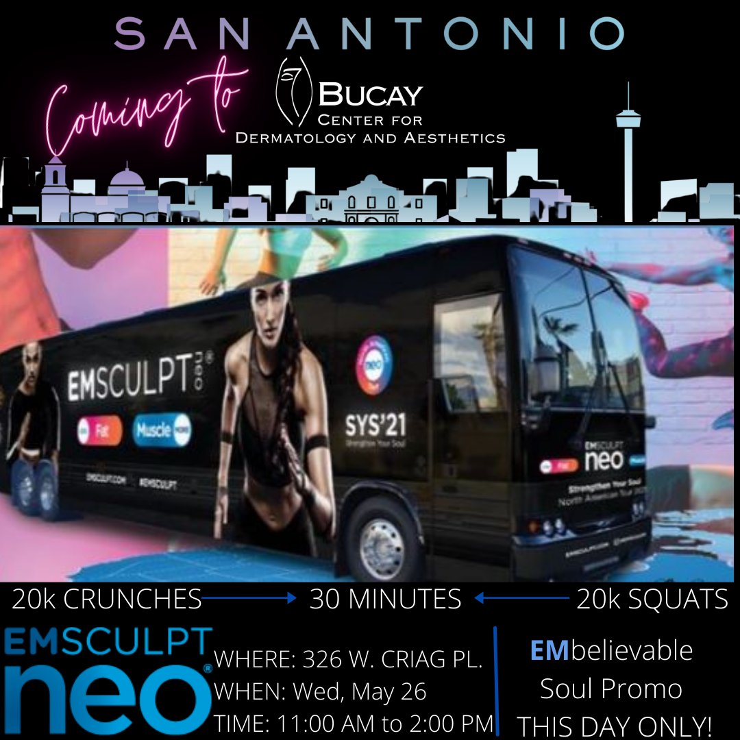 In case you missed it!The Emsculpt NEO Bus Tour is coming! Come TRY it. Wednesday, May 2611:00 AM to 2:00 PM210.692.3000Promos This Day ONLY! conta.cc/3eCZ1TQ