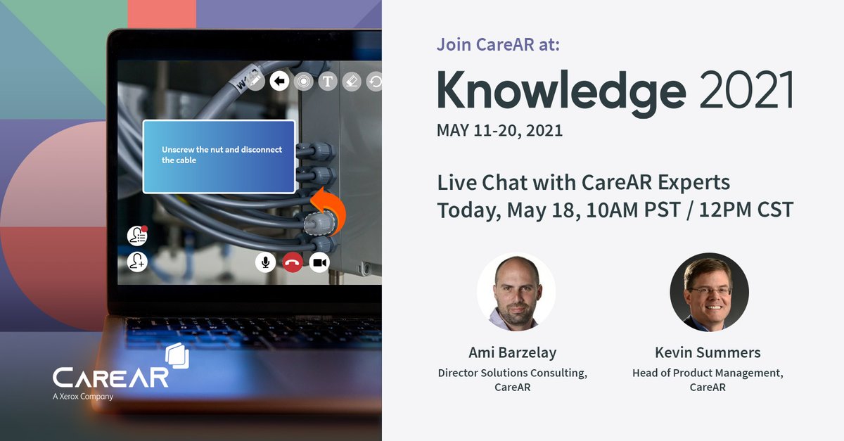 Don't forget! CareAR experts @AmiBPro and <a href="/kevinsummers/">Kevin Summers</a> will be available for a live chat today at @servicenow's #Know21! Join them to find out how AR can help increase first-call resolutions, deflect unneeded dispatches and save service costs. ow.ly/tAQ850ELs6r
