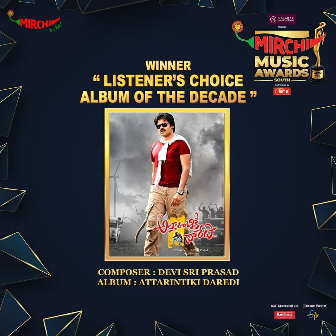 Mirchi Music Awards South - Winner Listeners choice Album of the decade - Atharintiki Daredi - Devi Sri Prasad 

#mirchimusicawardssouth #bestofthedecade #AtharintikiDaredi #dsp #devisriprasad 

A ROCK🌟 @ThisIsDSP MUSICAL 🎵❤️🎶